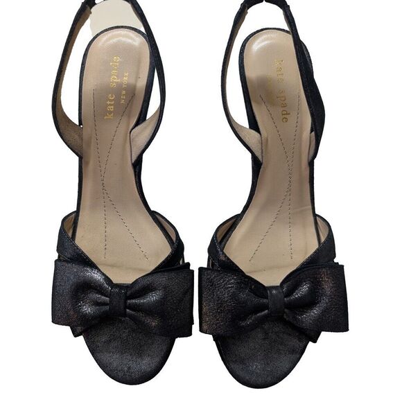 KATE SPADE Glitter Leather Black Slingback  Bow Open Toe Stiletto Fancy  7.5 M - Picture 5 of 9